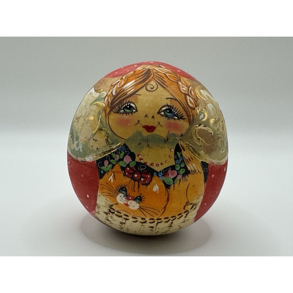 Vintage Russian Roly Poly Musical Chime Doll Signed Hand Painted Woman Cat Wood